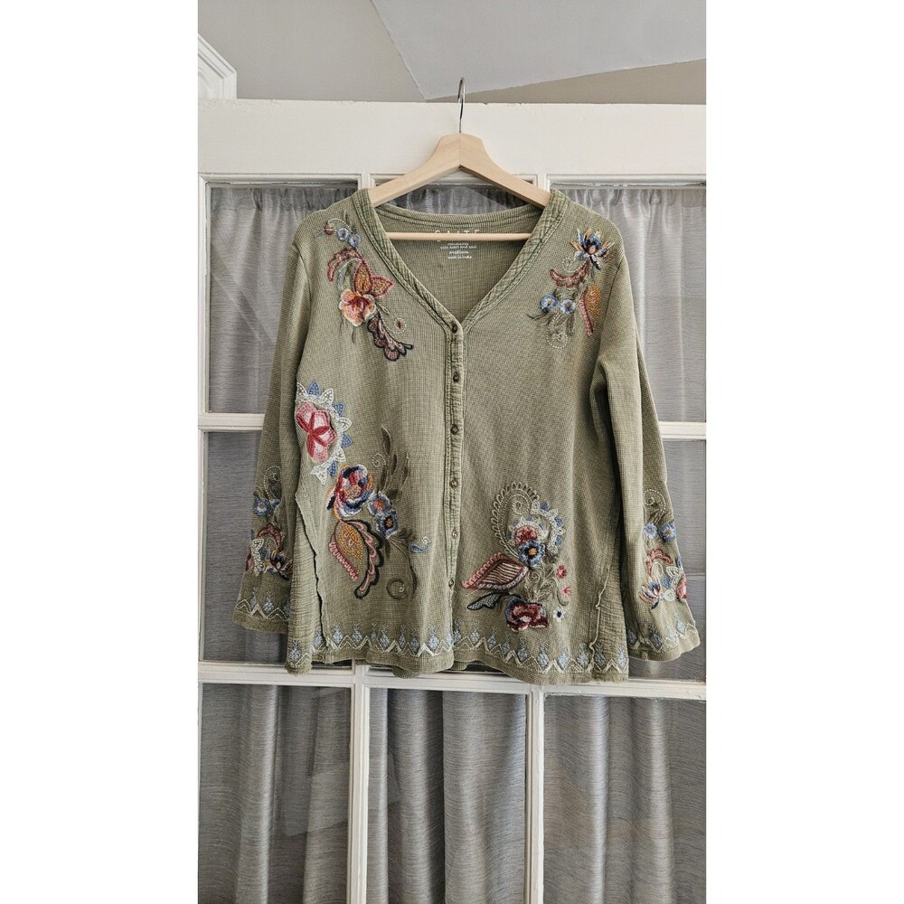 CAITE Womens Medium Olive Green Floral Embroidered Waffle Knit Cardigan Thermal